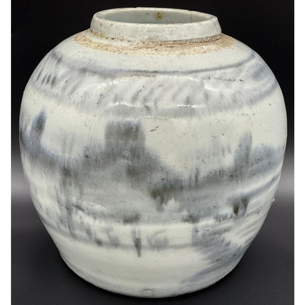 Antique Korean Joseon Brushstroke Onggi Jar Blue White Signed Base 6” Stoneware